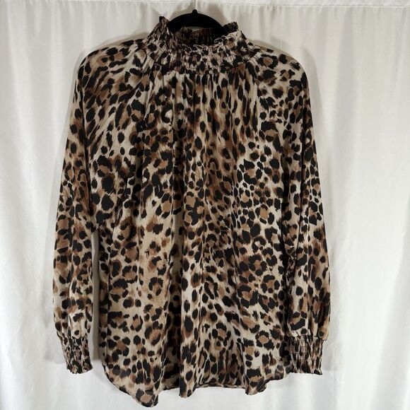 Chico's Tops - Chico's Blouse Women's Medium Brown Cheetah Print High Neck Lightweight Long Slv